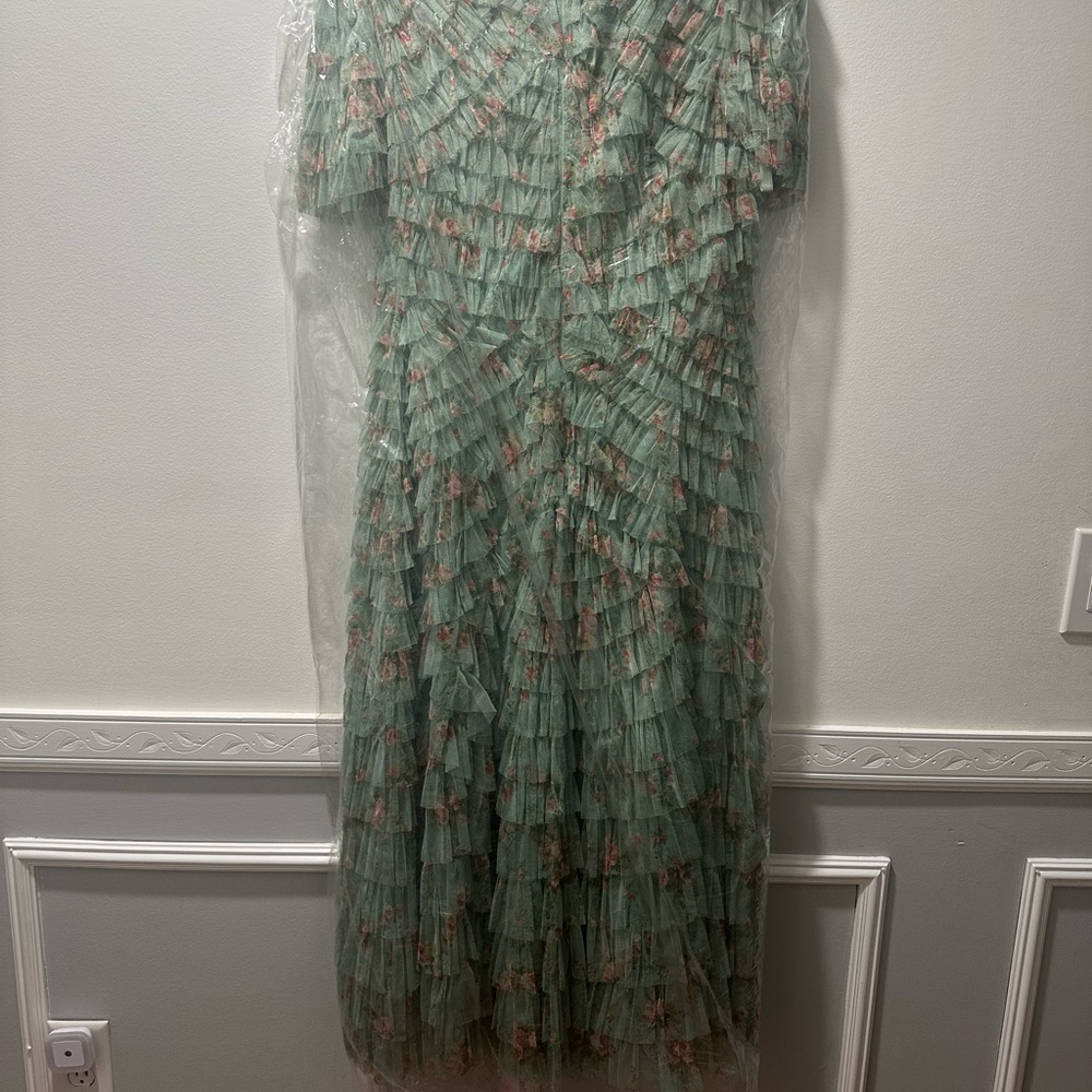 New Mac Duggal Size 16 Green Floral Ruffle Tiered Short Sleeve A Line Midi Dress - Picture 7 of 10